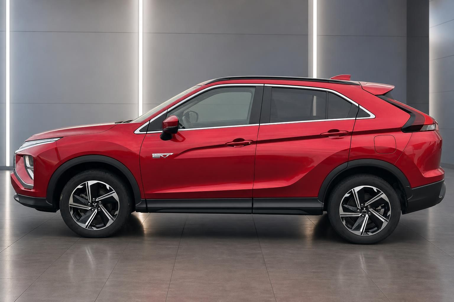 Mitsubishi Eclipse Cross rot, Seitenansicht mit Alufelgen im Studio