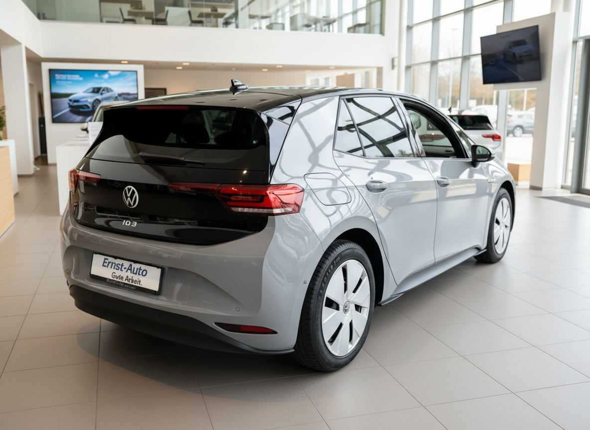 Volkswagen ID.3 in Grau-Schwarz zweifarbig, Heckansicht im VW-Autohaus Ernst-Auto