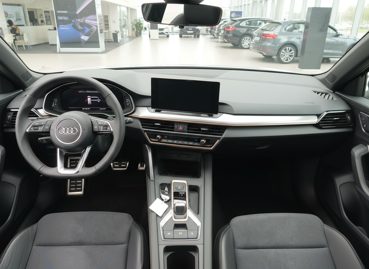 Audi Innenraum mit digitalem Cockpit, MMI Touchscreen und Alcantara-Sitzen in schwarzem Design