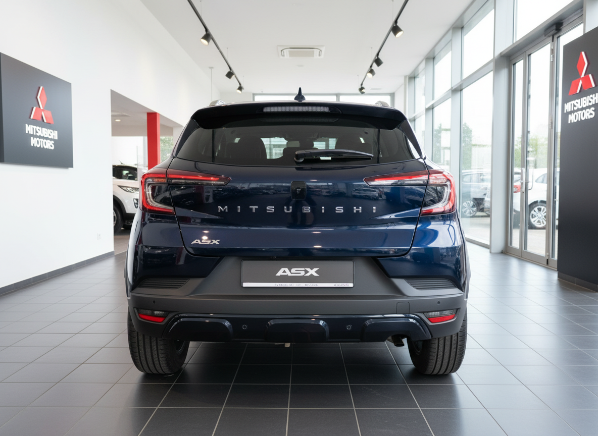 Mitsubishi ASX in Dunkelblau Heckansicht im Autohaus Showroom