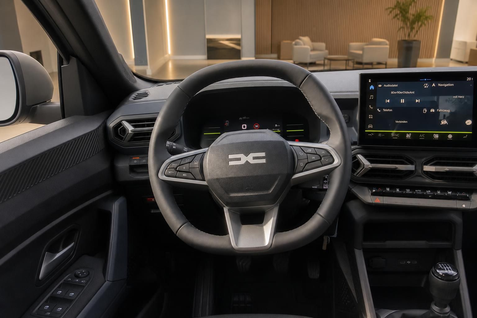Cockpit mit Lenkrad, Digitaltacho und Touchscreen im Innenraum