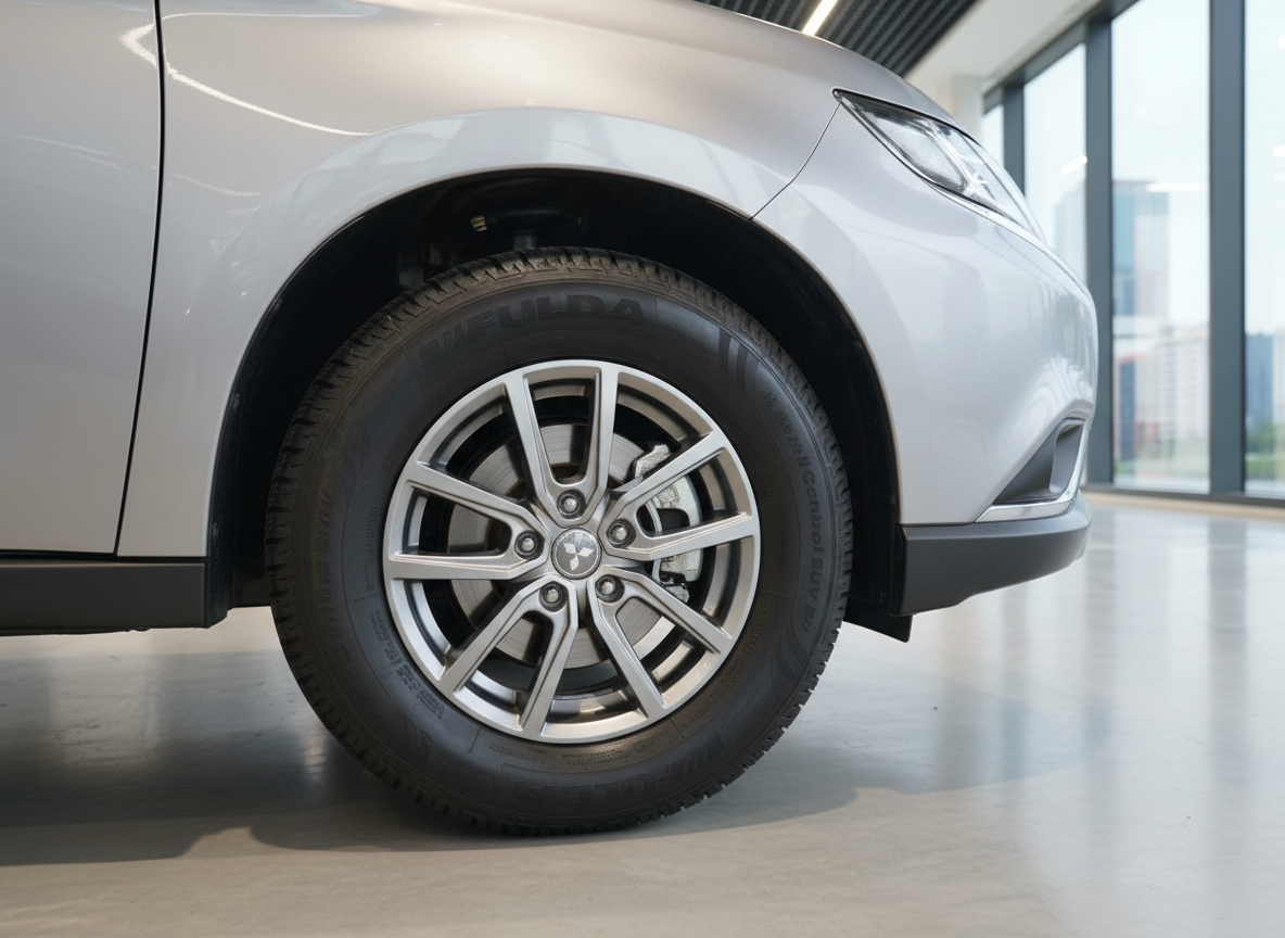 Mitsubishi Silber Detailaufnahme Vorderrad mit Alufelge und Fulda-Reifen im Autohaus