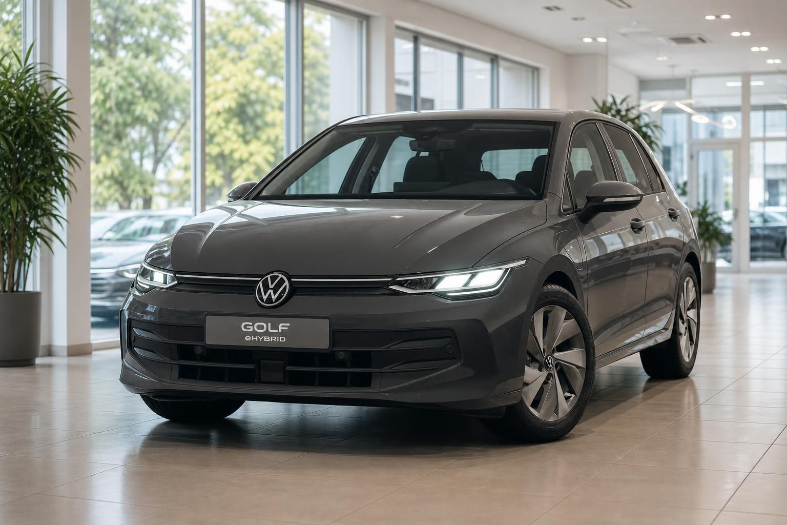 VW Golf eHybrid grau in Frontansicht im Autohaus-Showroom
