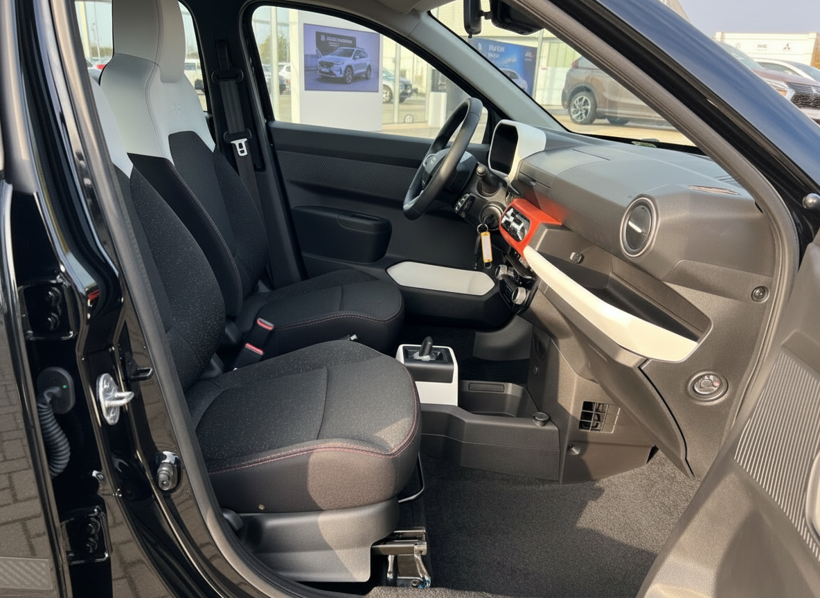 Innenraum eines Elektrofahrzeugs mit schwarzen Stoffsitzen und modernem Cockpit