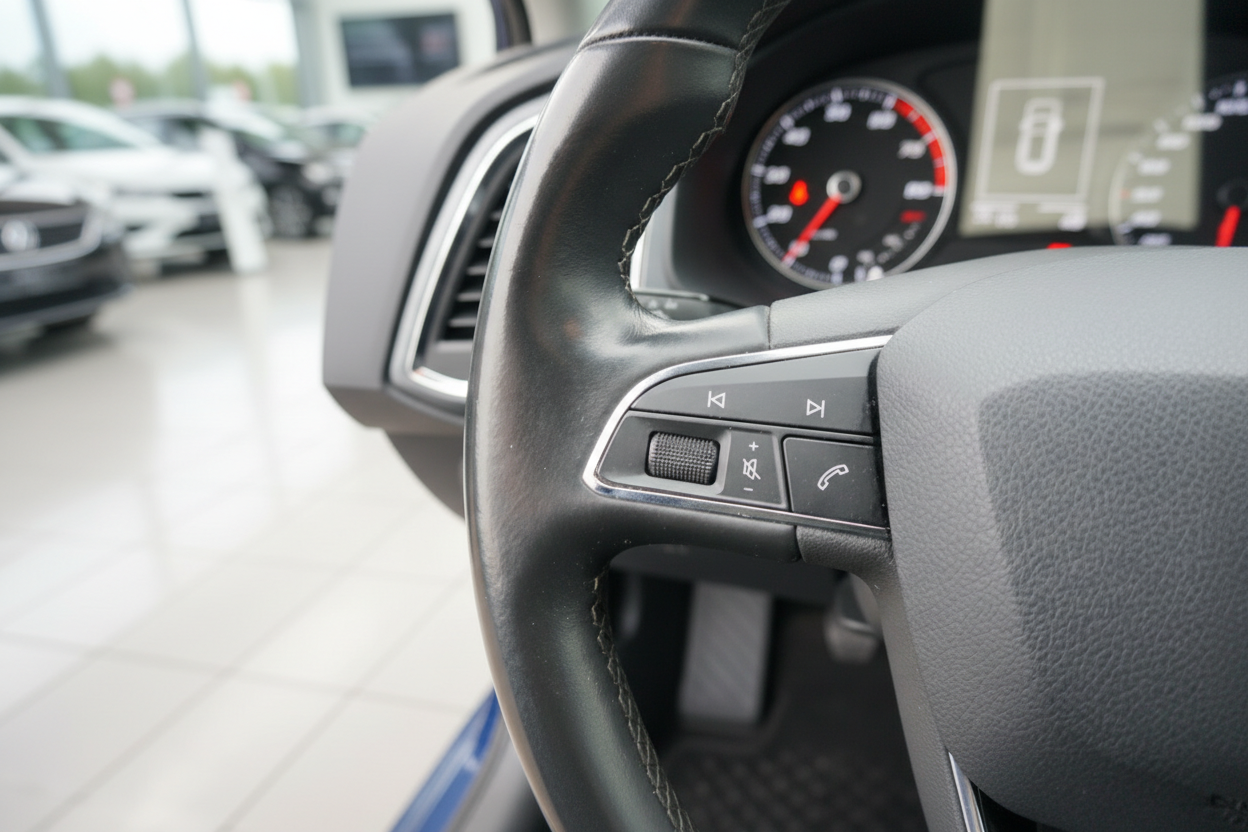 Volkswagen Lenkrad mit Multifunktionstasten und Tachometer im Hintergrund – Innenraumdetail