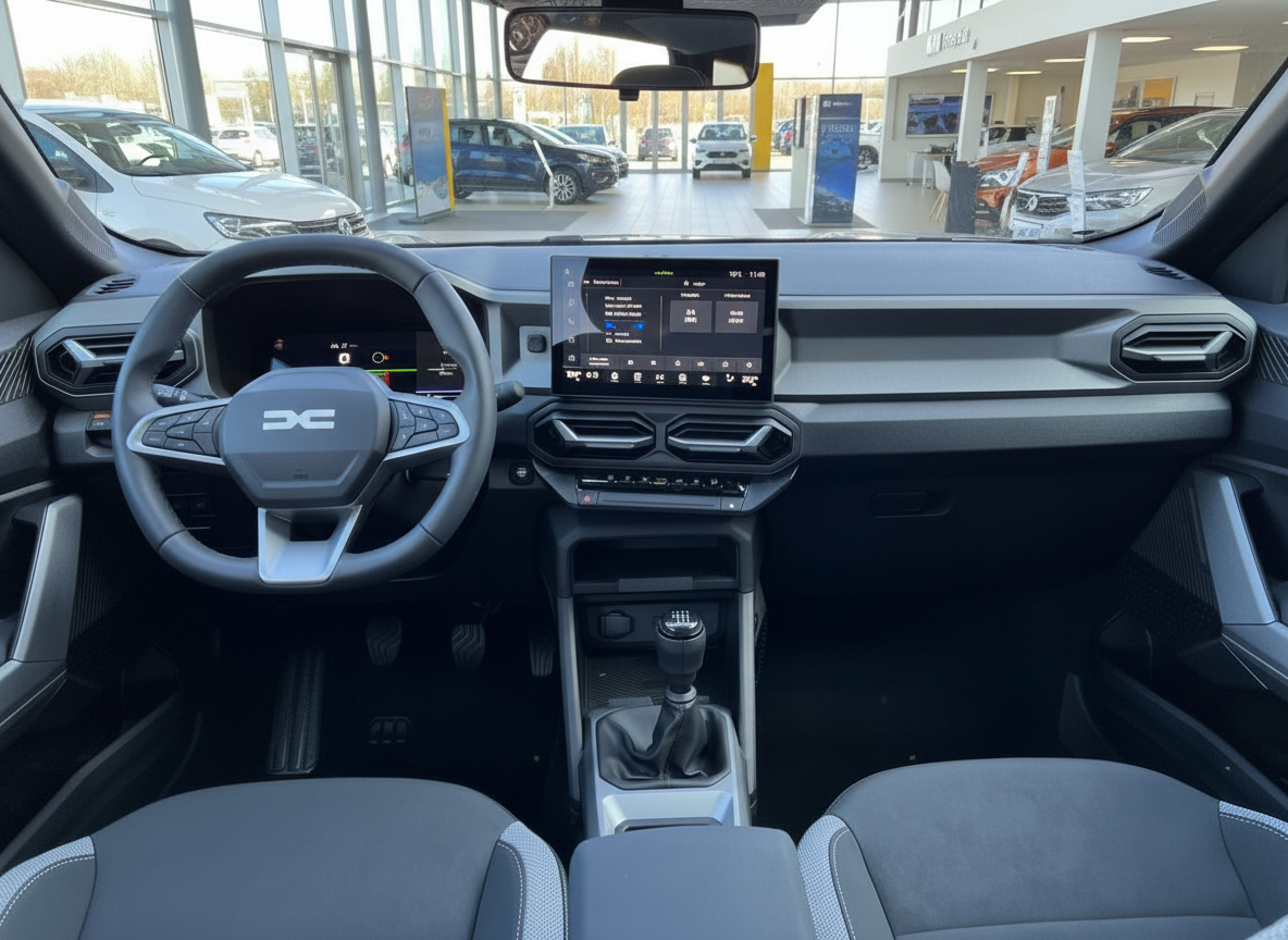 Dacia Innenraum mit Infotainment-Display, Schaltgetriebe und grau-schwarzem Cockpit