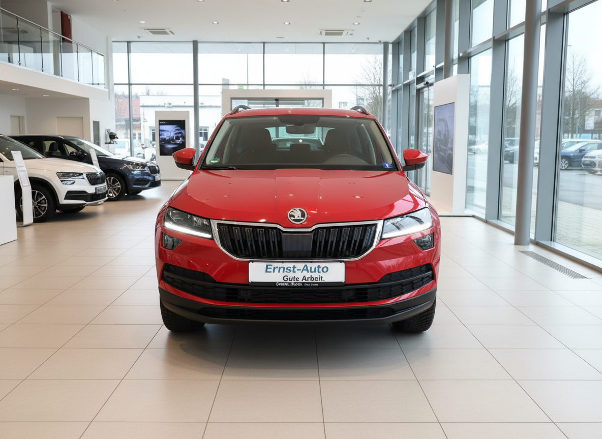Roter Škoda Karoq SUV Frontansicht im Autohaus Ernst-Auto Ausstellungsraum