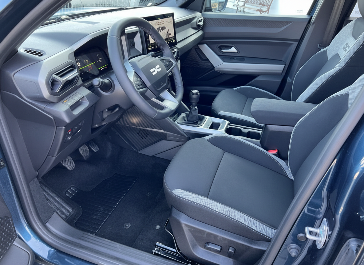 Dacia Innenraum mit Lenkrad, Infotainment-Display, Schalthebel und schwarzen Stoffsitzen