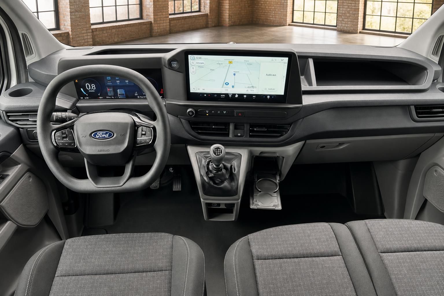 Ford Transit Cockpit Ansicht mit Lenkrad, Sitzen und Mittelkonsole