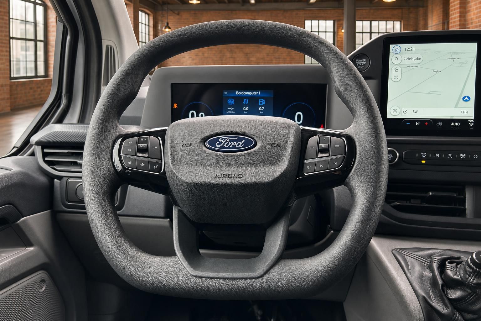 Ford Transit Lenkrad mit Ford Logo und Bordcomputer Anzeige