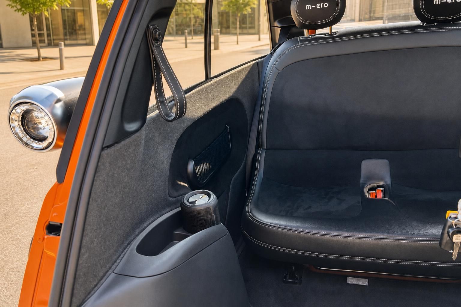 Auto Innenraum Detailaufnahme mit orangefarbenen Akzenten und Premium-Materialien
