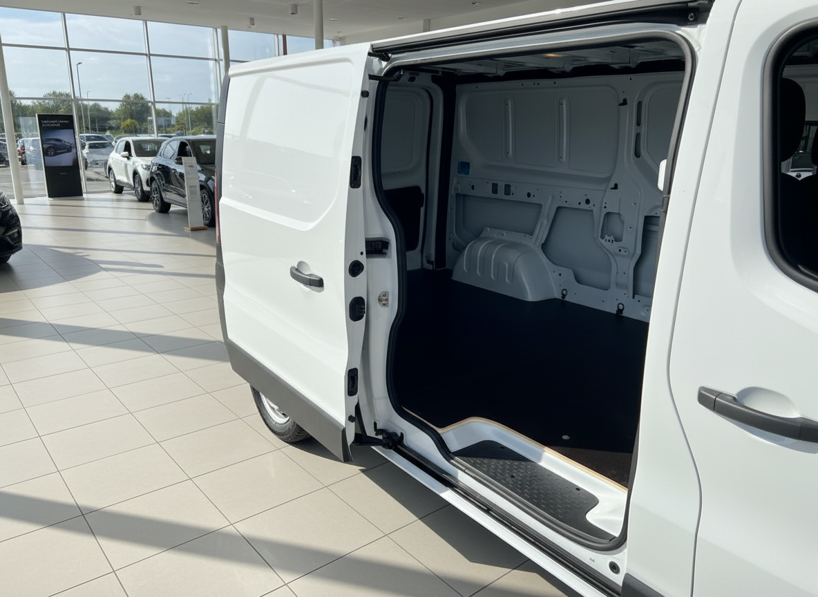 Weißer Transporter mit geöffneter Schiebetür zeigt leeren Laderaum im Autohaus