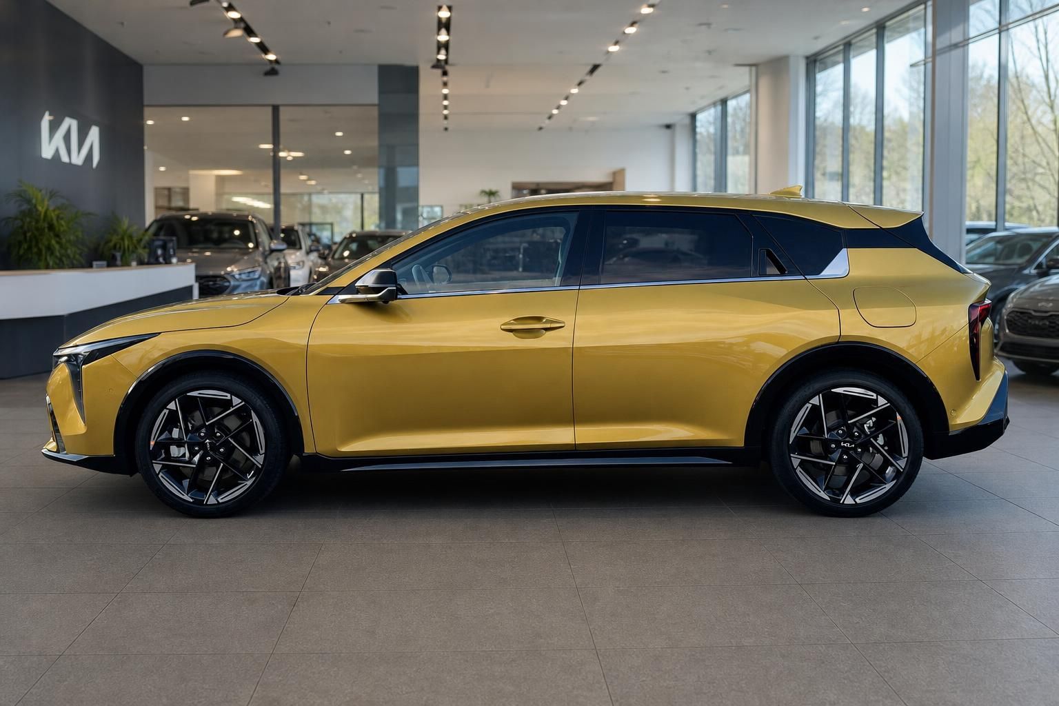Kia K4 gelb, Seitenansicht im Autohaus-Showroom