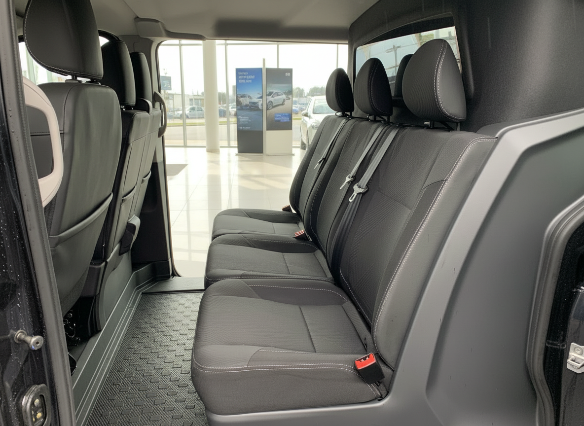 Schwarzes Fahrzeug Innenraum mit dreisitziger Rückbank und Sicherheitsgurten im Autohaus