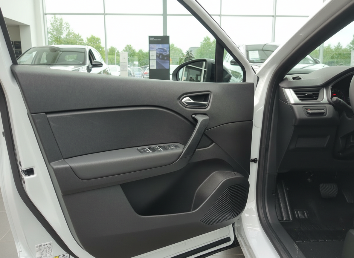 Fahrzeuginnenraum Fahrertür mit grauem Türverkleidung, Fensterheber und Lautsprecher im Autohaus