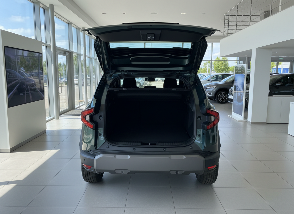 SUV mit geöffneter Heckklappe im Autohaus – Kofferraum leer, Heckansicht