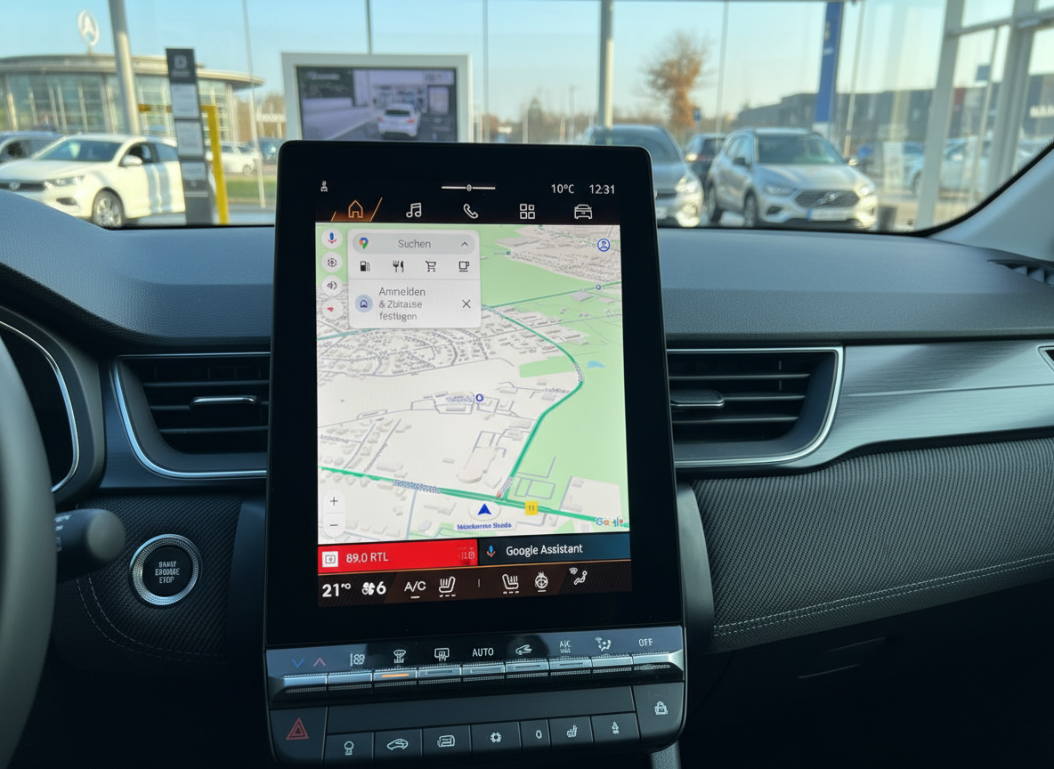 Renault Innenraum mit vertikalem Infotainment-Touchscreen und Google Maps Navigation im Autohaus