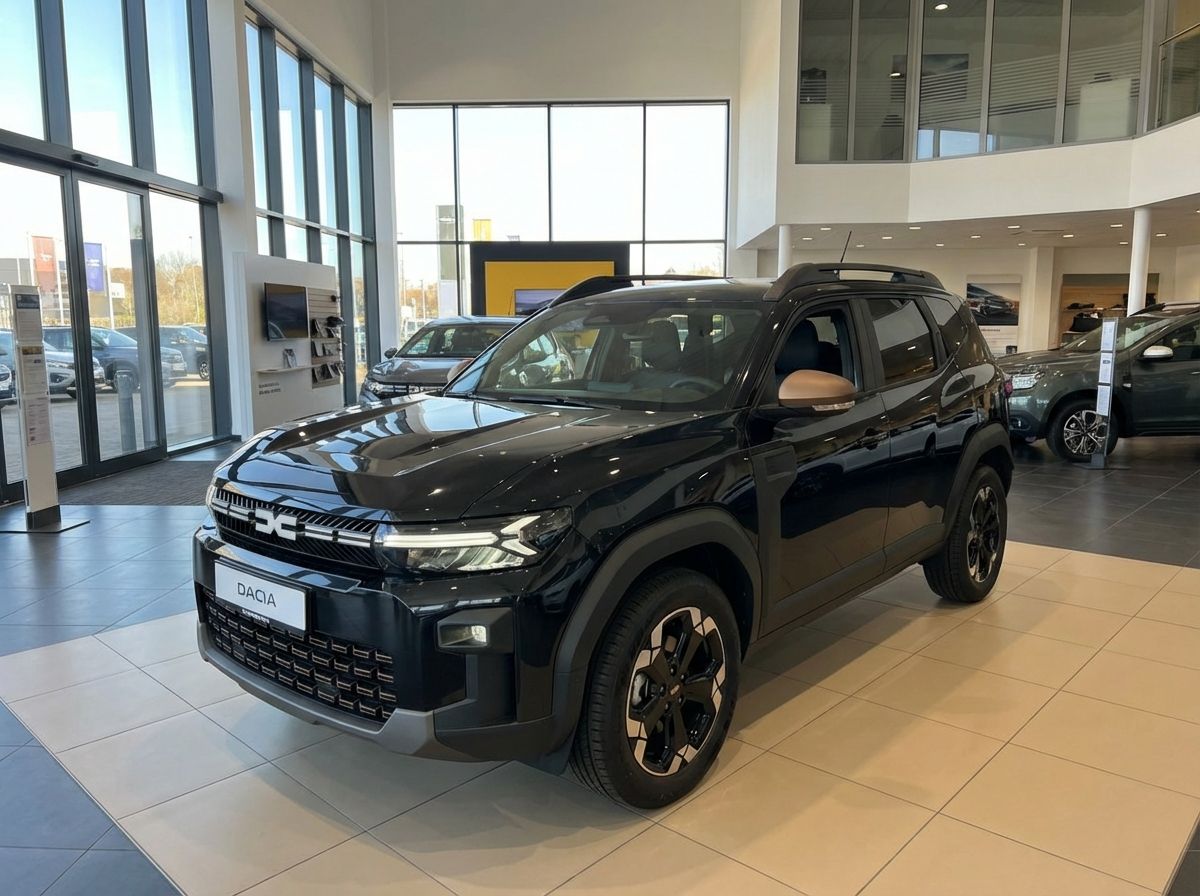 Schwarzer Dacia Duster Neuwagen im Autohaus Showroom mit schwarzen Felgen