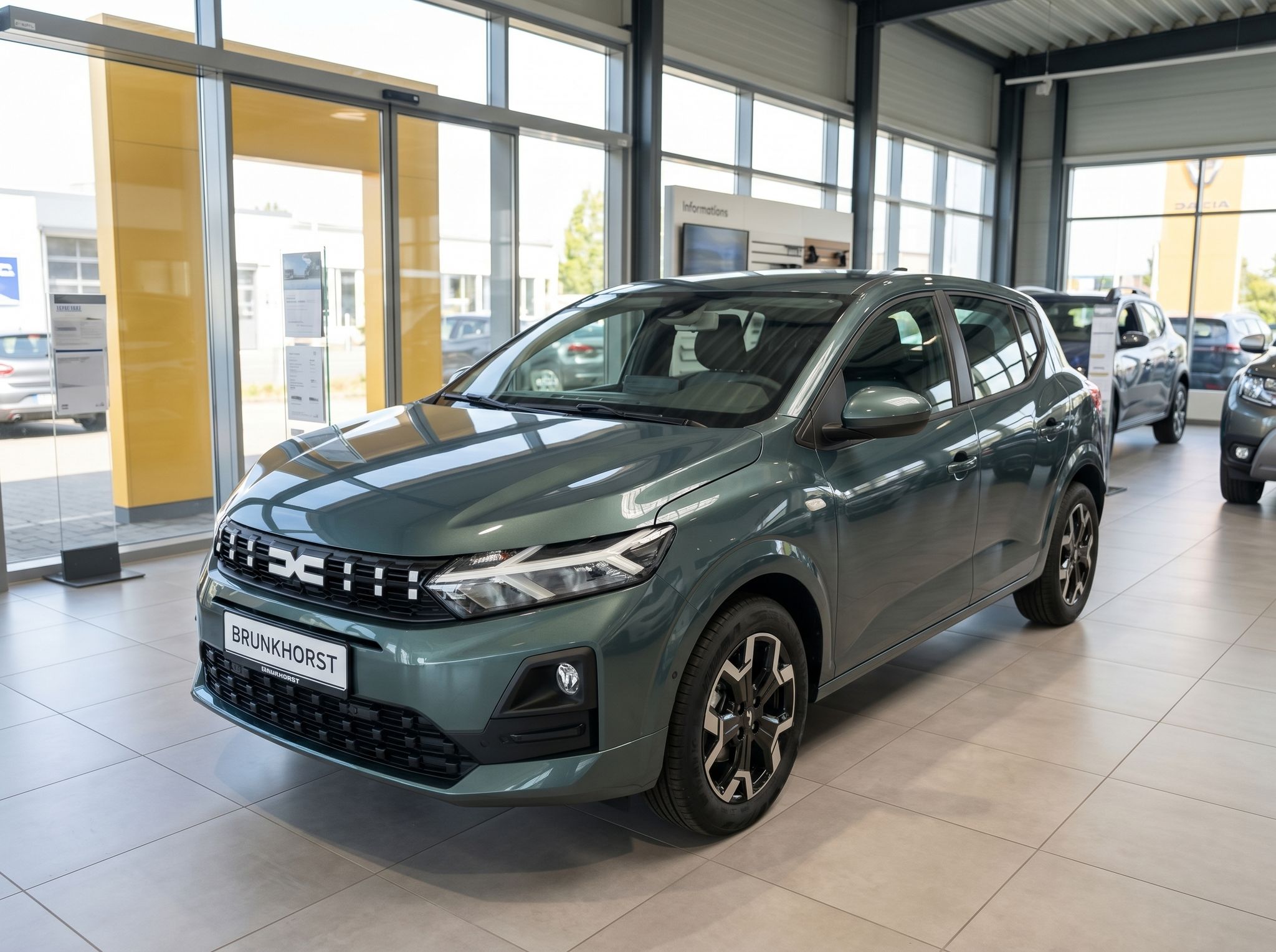 Dacia Sandero grün metallic Schrägheck Kleinwagen Frontansicht im Autohaus Showroom