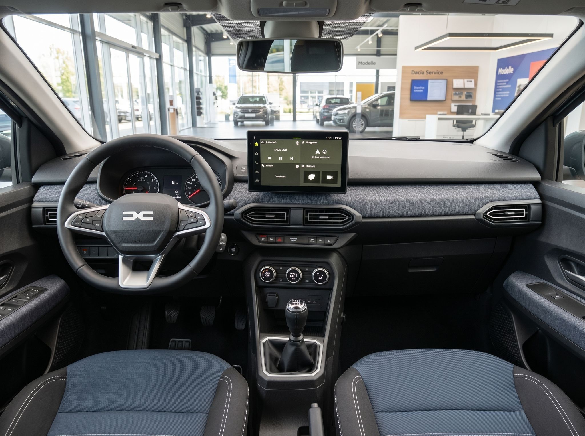 Fahrzeug Innenraum Cockpit mit Lenkrad, Touchscreen Display und Schaltknauf im Autohaus