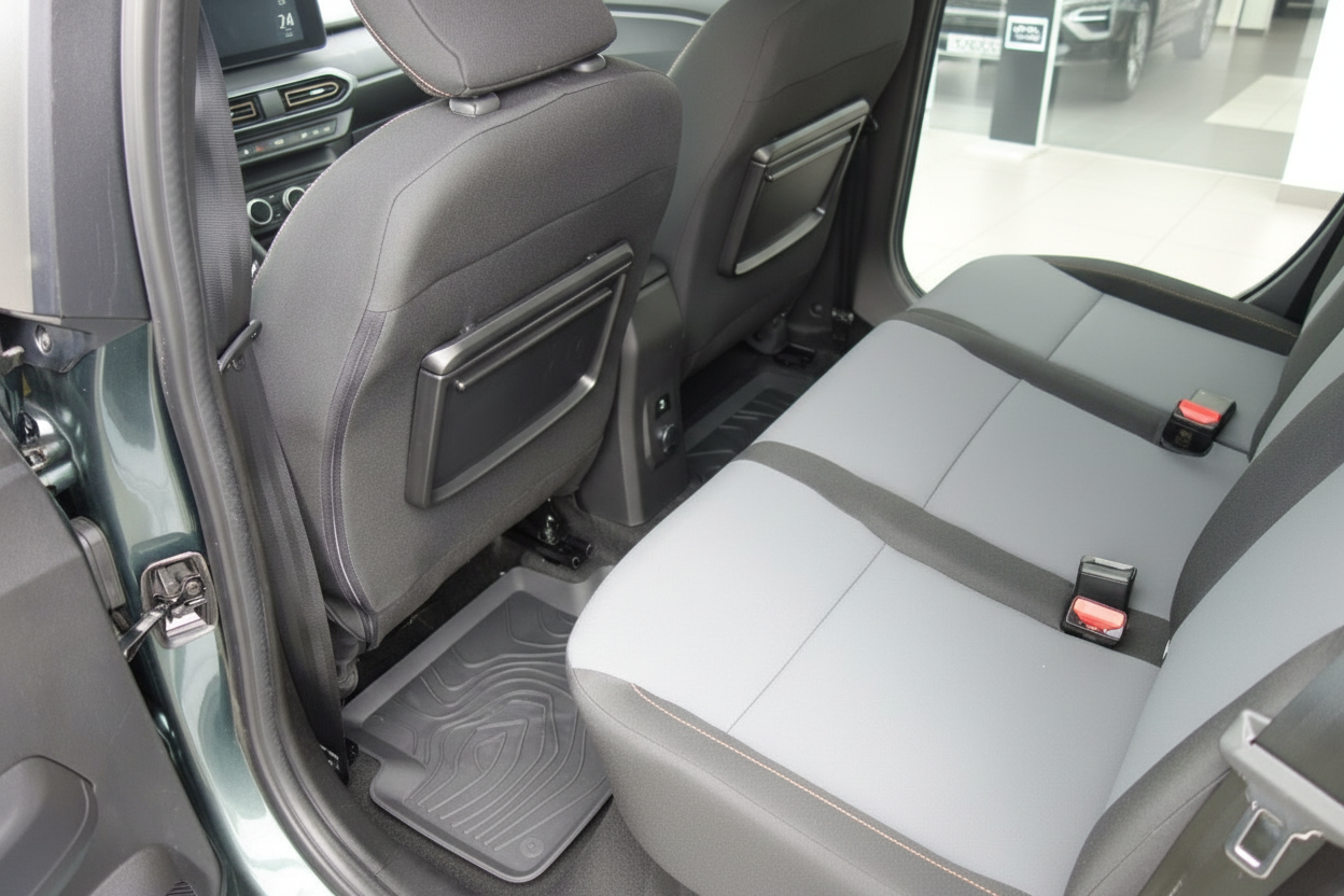 Fahrzeuginnenraum Rücksitzbank grau mit Sicherheitsgurten und Taschenhalter