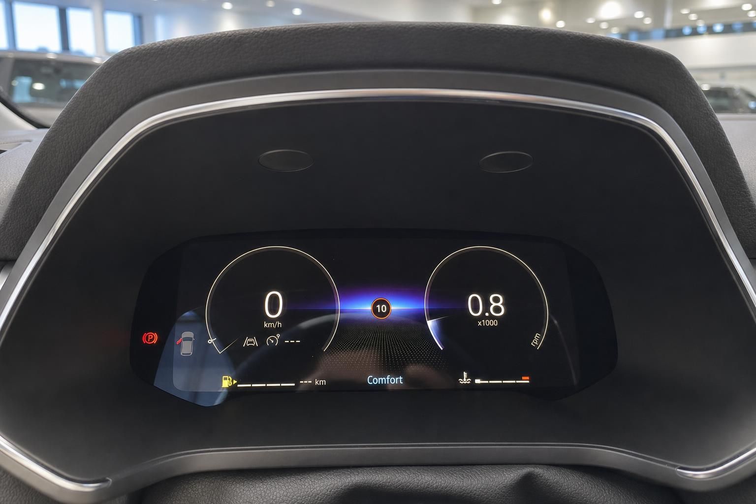Digitales Kombiinstrument mit Tacho und Drehzahlmesser im Fahrzeug-Cockpit