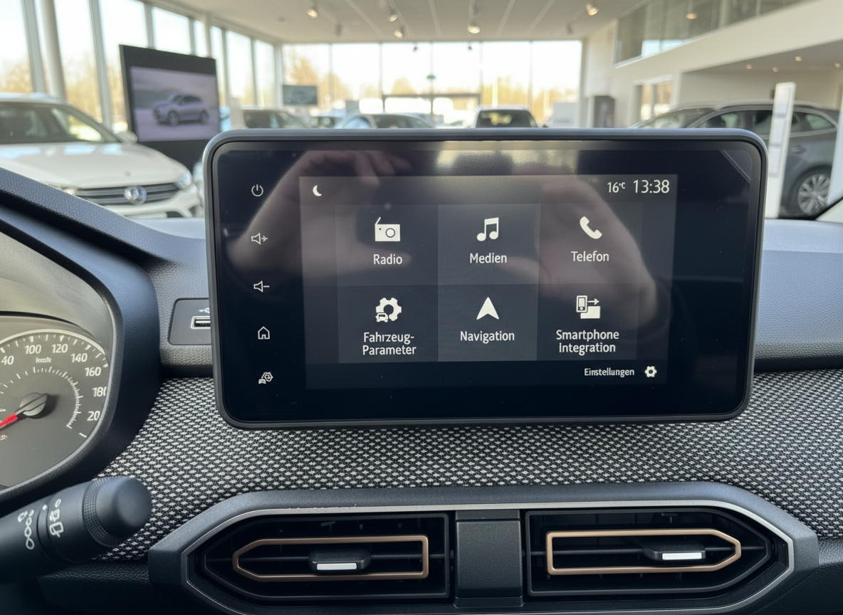 Dacia Infotainment-System Touchscreen mit Radio, Navigation und Smartphone-Integration im Autohaus