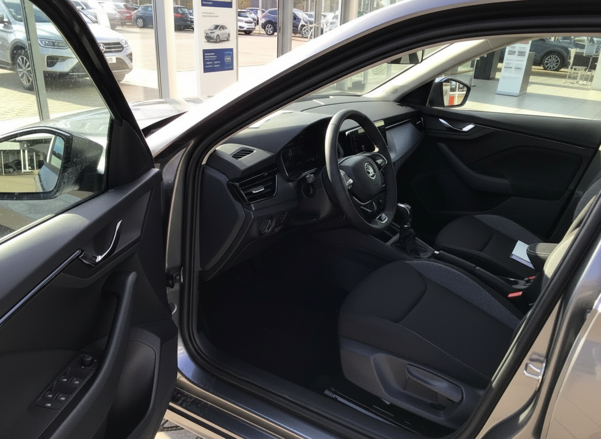 Škoda Innenraum Fahrerseite mit schwarzem Lenkrad, Cockpit und Vordersitzen im Autohaus