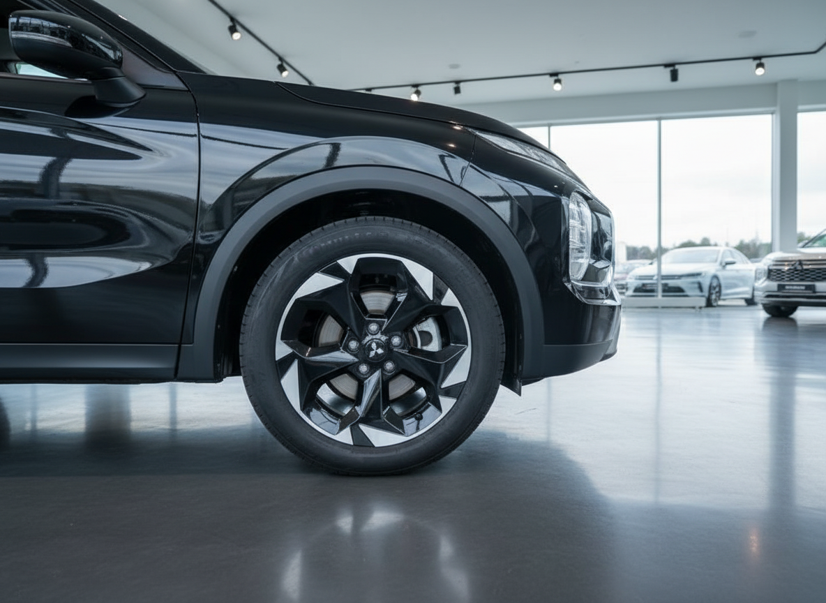 Schwarzer Mitsubishi SUV Detailaufnahme Vorderrad mit schwarzen Leichtmetallfelgen im Autohaus