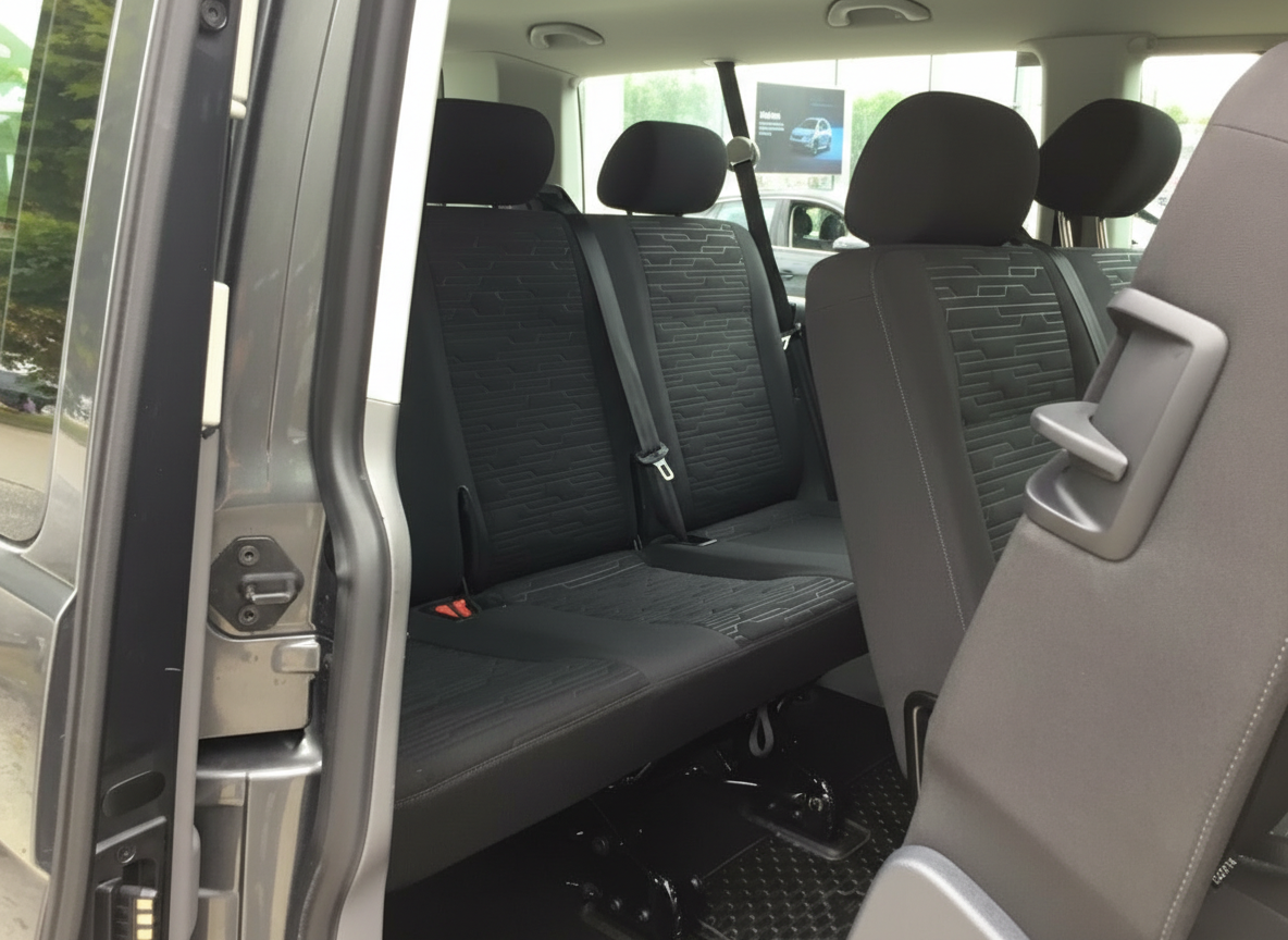 Volkswagen Transporter T6 Innenraum mit schwarzen Sitzen und Sicherheitsgurten