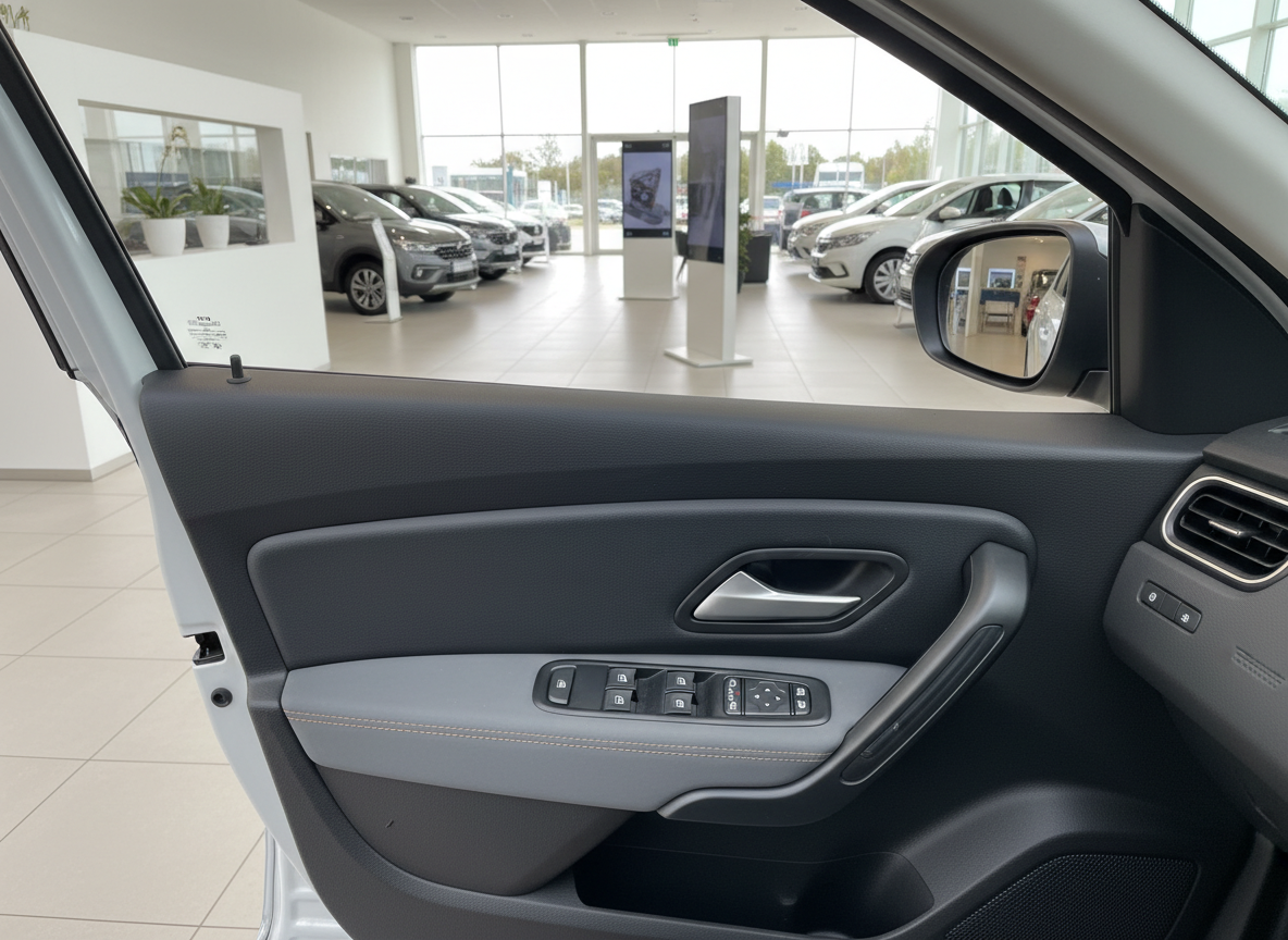 Fahrzeuginnenraum Fahrertür mit Fensterheberschaltern und Seitenspiegel im Autohaus