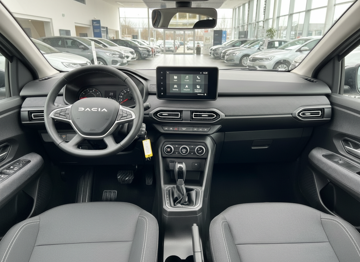 Dacia Innenraum mit Lenkrad, Infotainment-Display und grauem Stoffinterieur im Autohaus