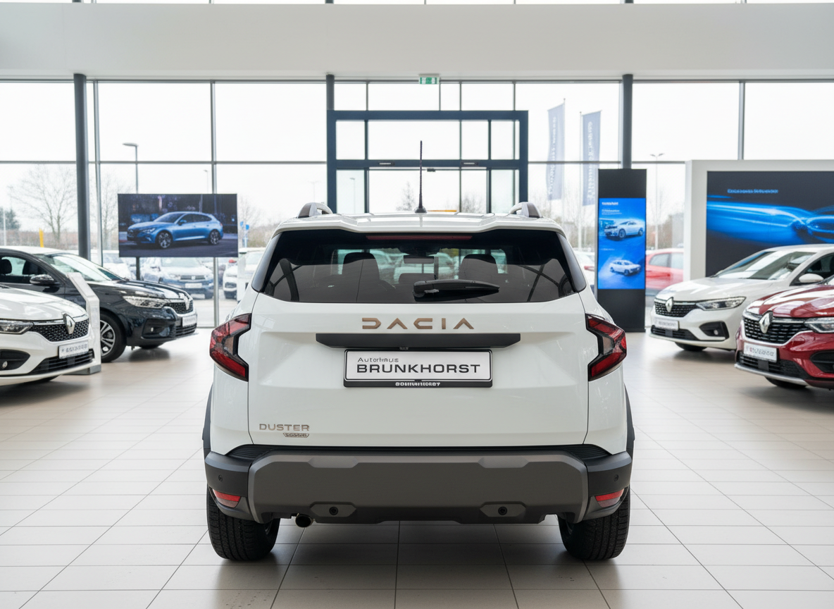Dacia Duster Comfort in Weiß, Heckansicht im Autohaus Brunkhorst Showroom