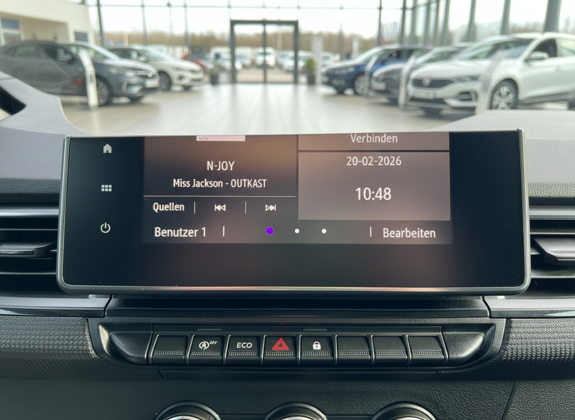 Fahrzeug Infotainment-Display mit N-JOY Radio und Miss Jackson von OutKast im Autohaus