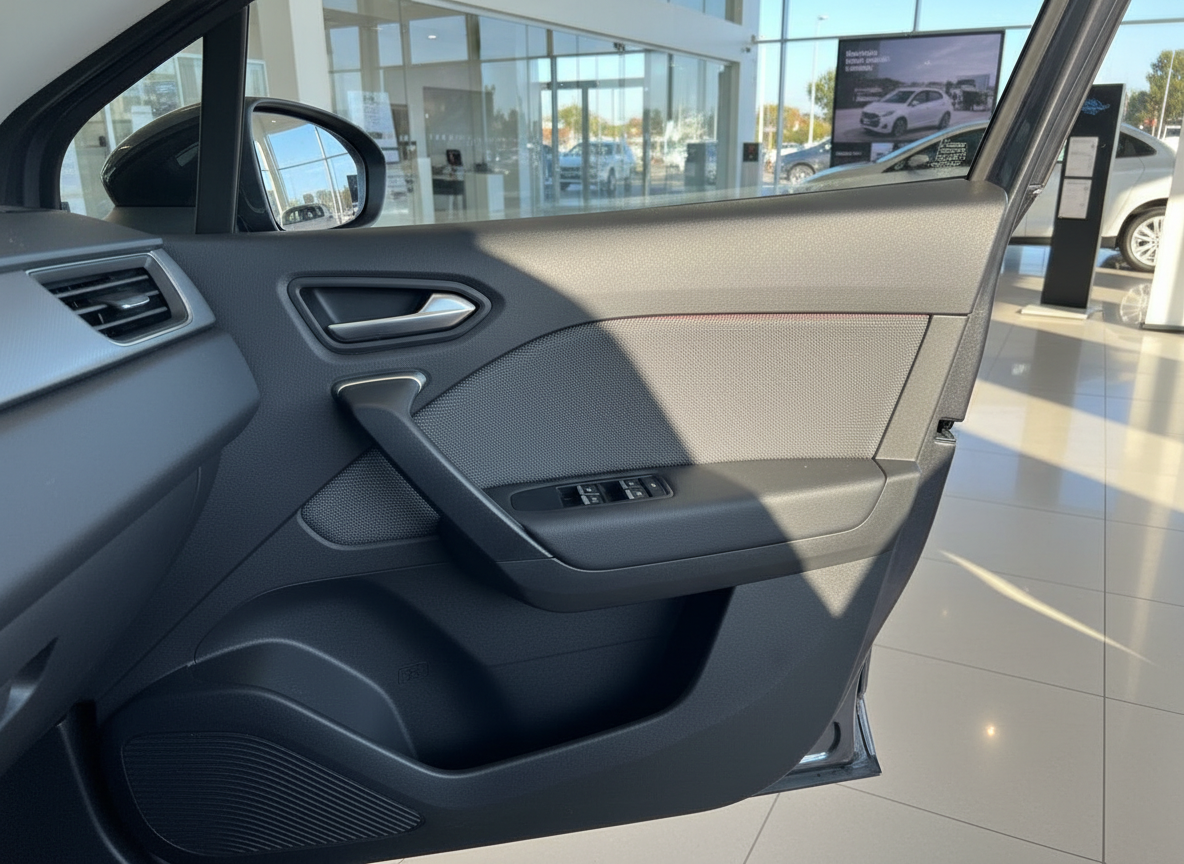 Fahrzeuginnenraum Fahrertür mit Türverkleidung, Fensterheber und Ablagefach im Autohaus