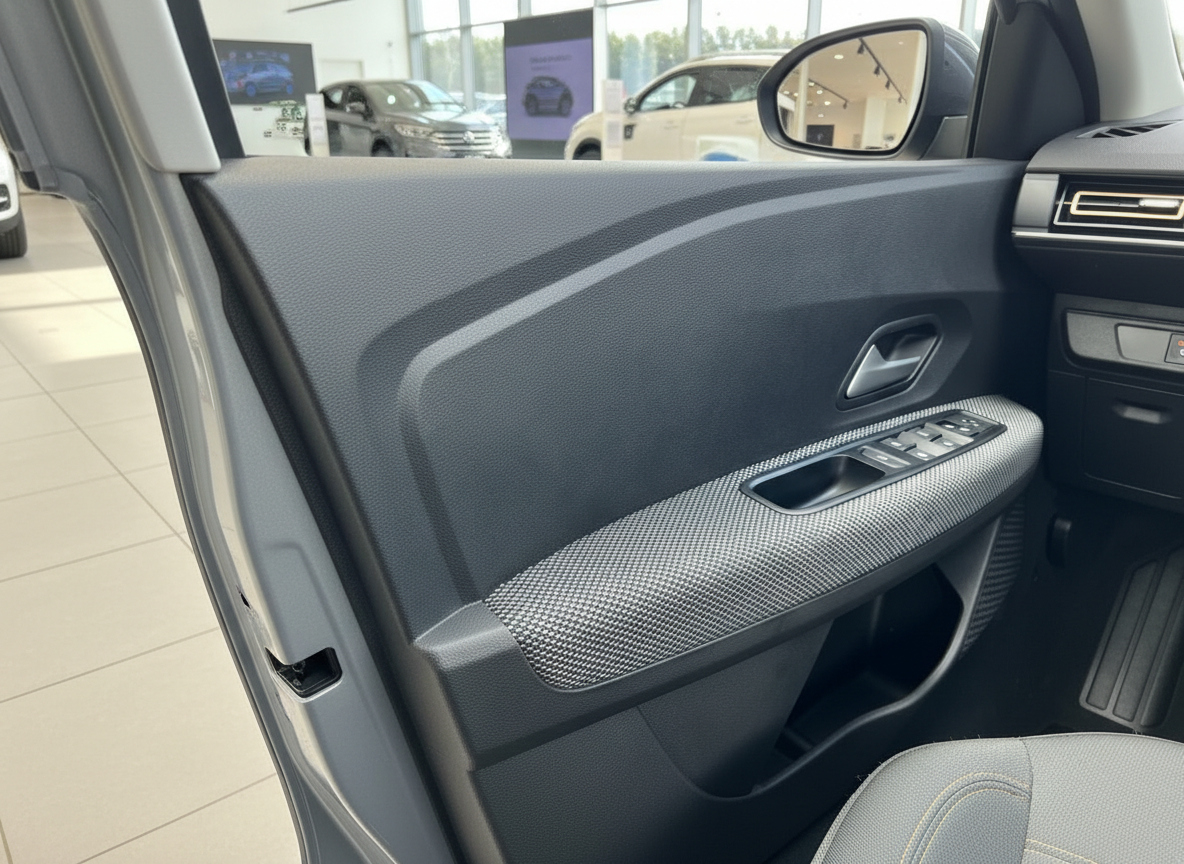 Fahrzeugtür Innenverkleidung mit Fensterheber-Schalter und Türgriff im Autohaus