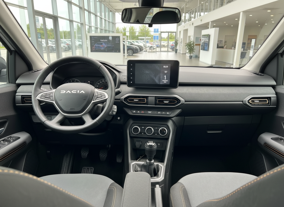 Dacia Innenraum Cockpit mit Lenkrad, Infotainment-Display und Schaltgetriebe im Autohaus