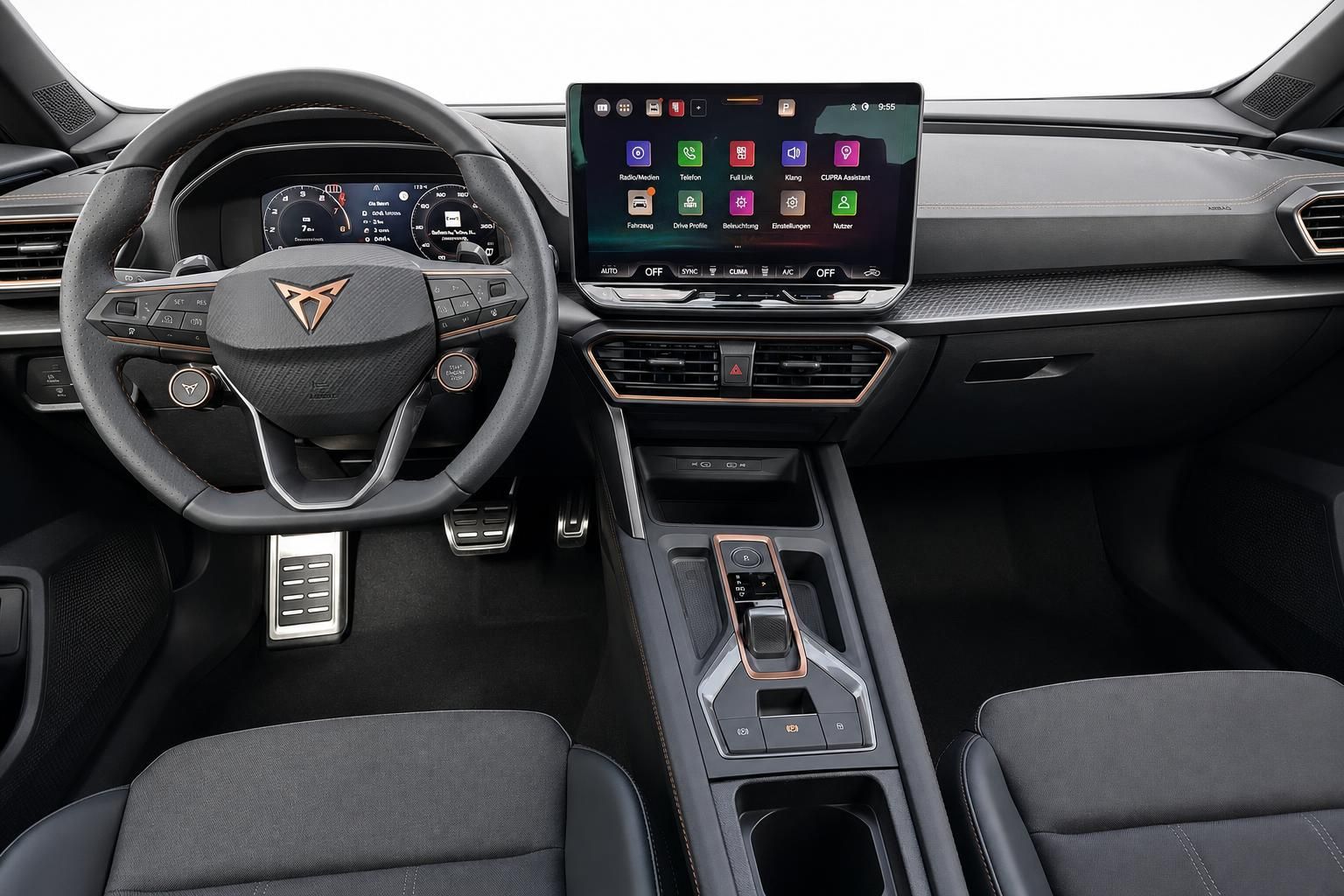 Cupra Cockpit mit Lenkrad und digitalem Infotainment-Display im Detail