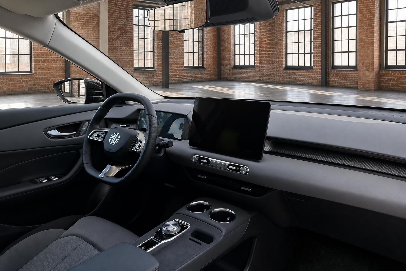 MG Fahrzeug Cockpit mit Lenkrad und Touchscreen Display