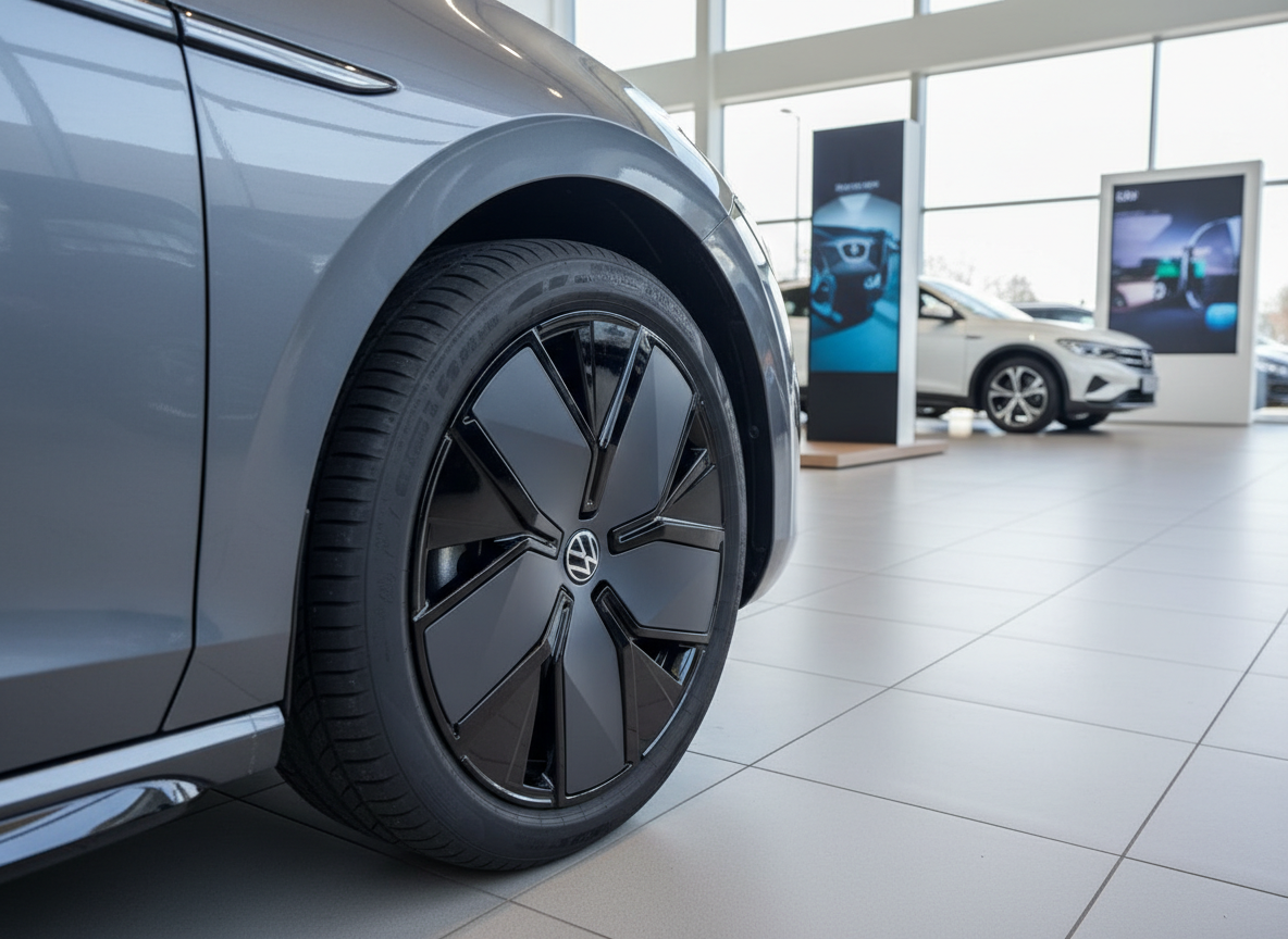 Volkswagen ID. Grau Nahaufnahme Felge im Autohaus Showroom
