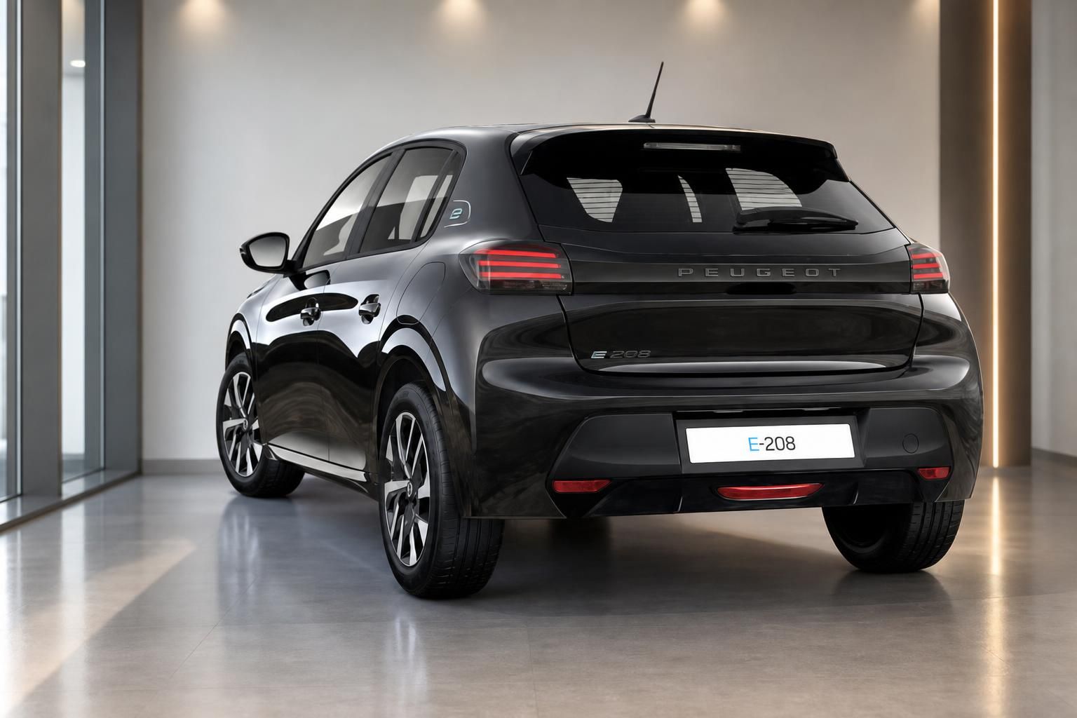Peugeot e-208 schwarz Heckansicht im Autohaus Showroom