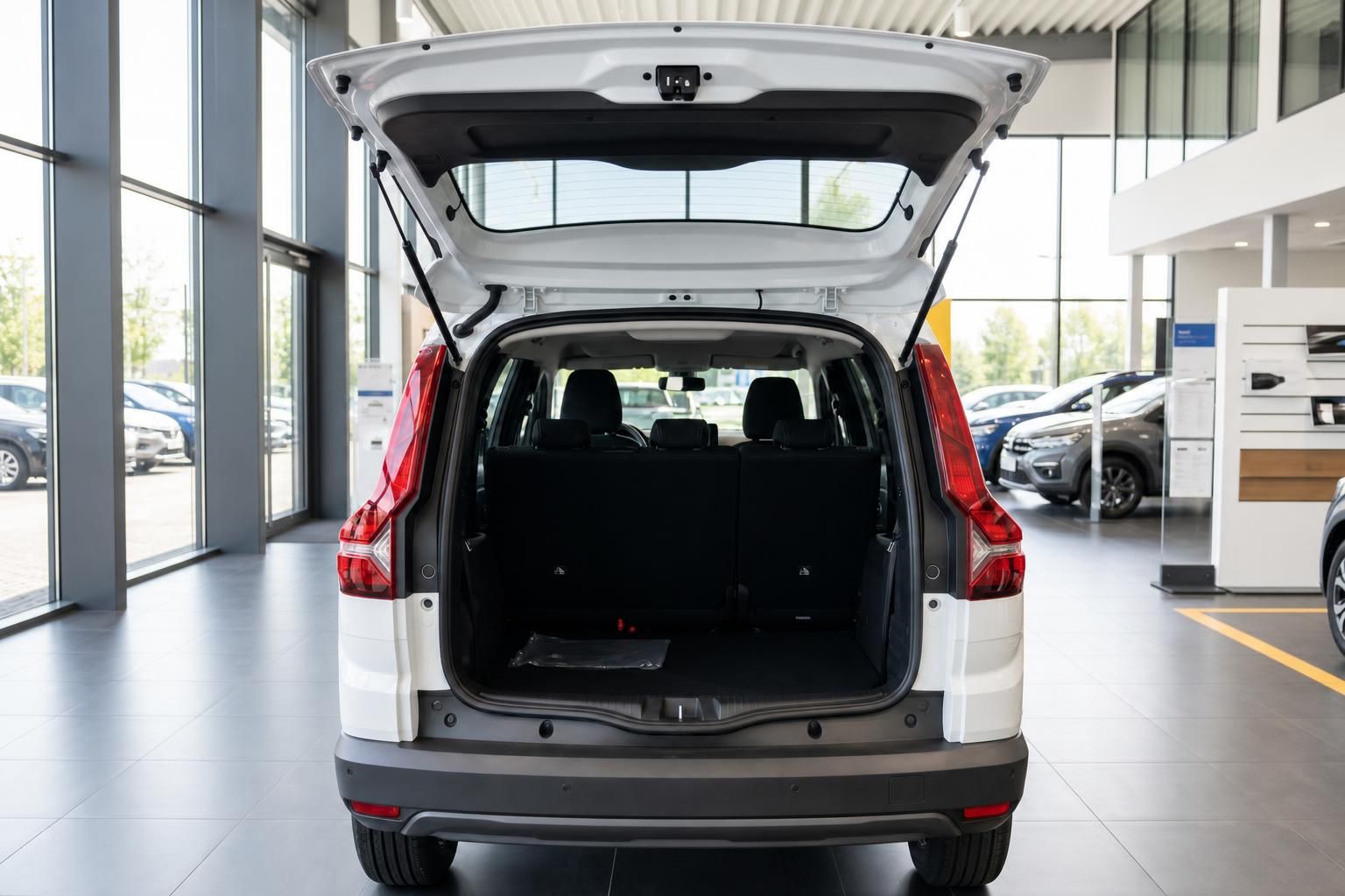 Weißer Van mit geöffneter Heckklappe und Blick in den Kofferraum im Autohaus