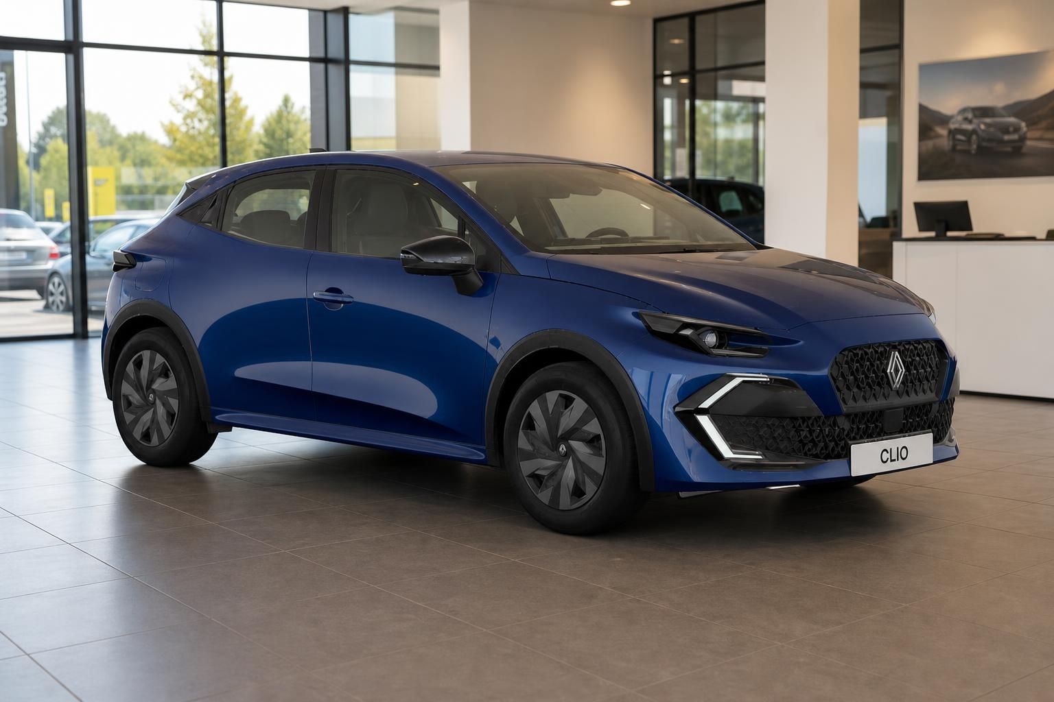 Renault Clio blau in Frontansicht im Autohaus Showroom
