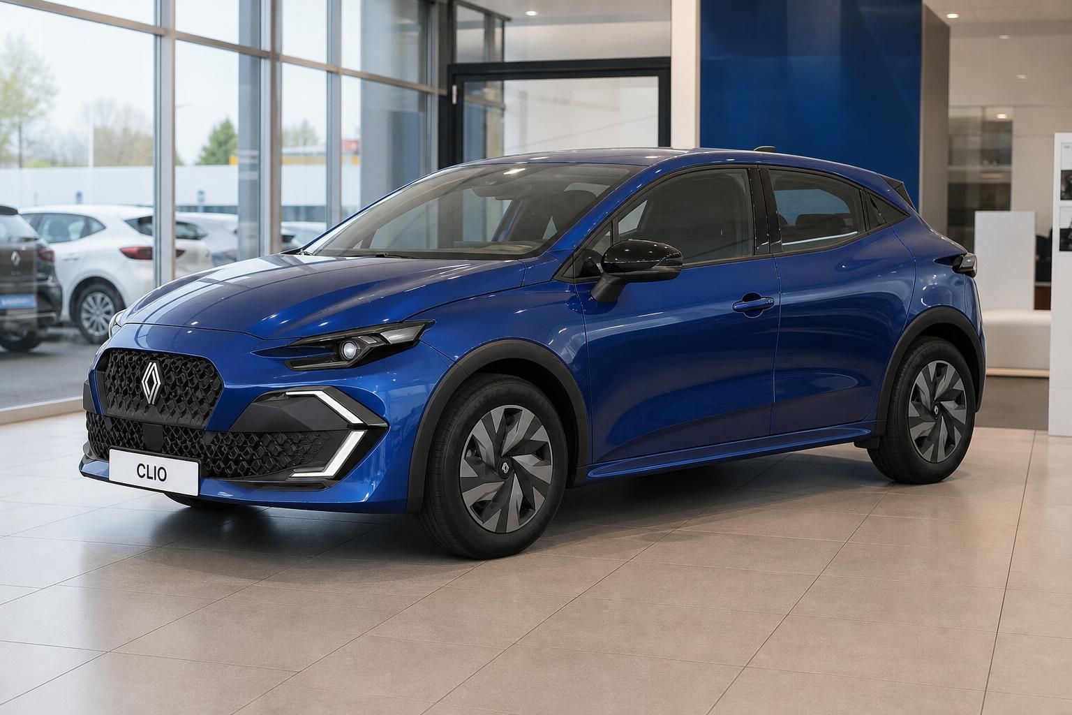 Renault Clio in Blau, seitliche Frontansicht im Showroom