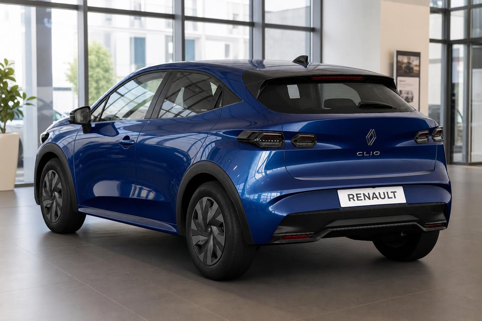Renault Clio blau, Heckansicht mit Rueckleuchten im Autohaus