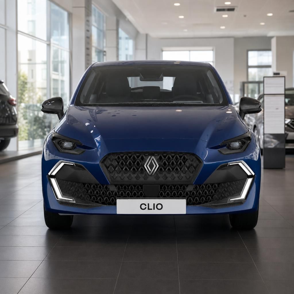 Renault Clio blau in Frontalansicht im Autohaus Showroom