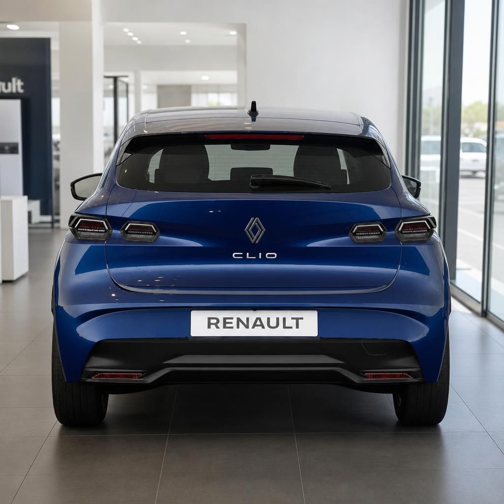 Renault Clio in Blau, Heckansicht im Autohaus-Showroom