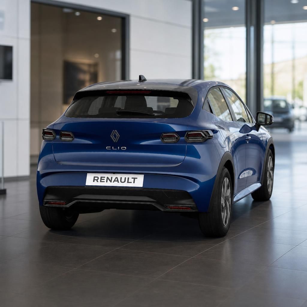 Blauer Renault Clio von hinten seitlich im Showroom