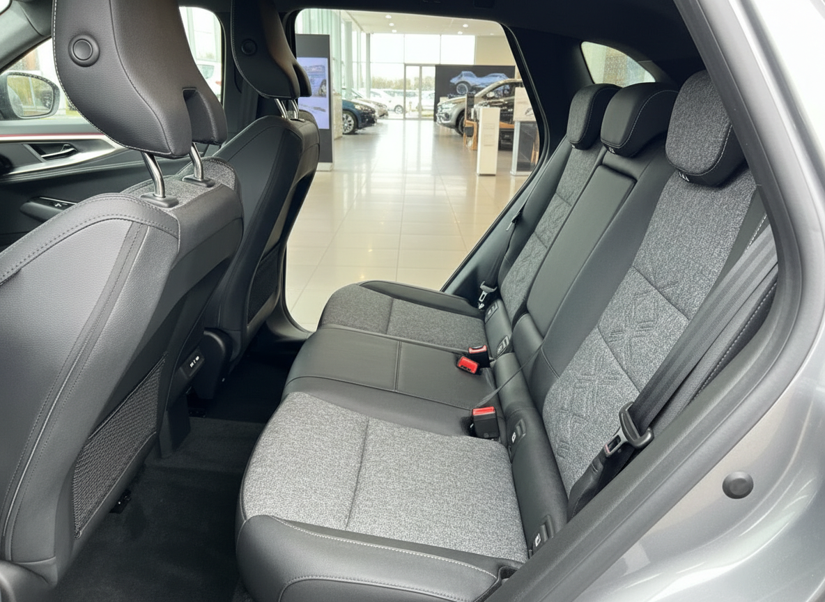 SUV Innenraum Rücksitzbank mit grau-schwarzem Stoff-Leder-Mix und Sicherheitsgurten im Autohaus