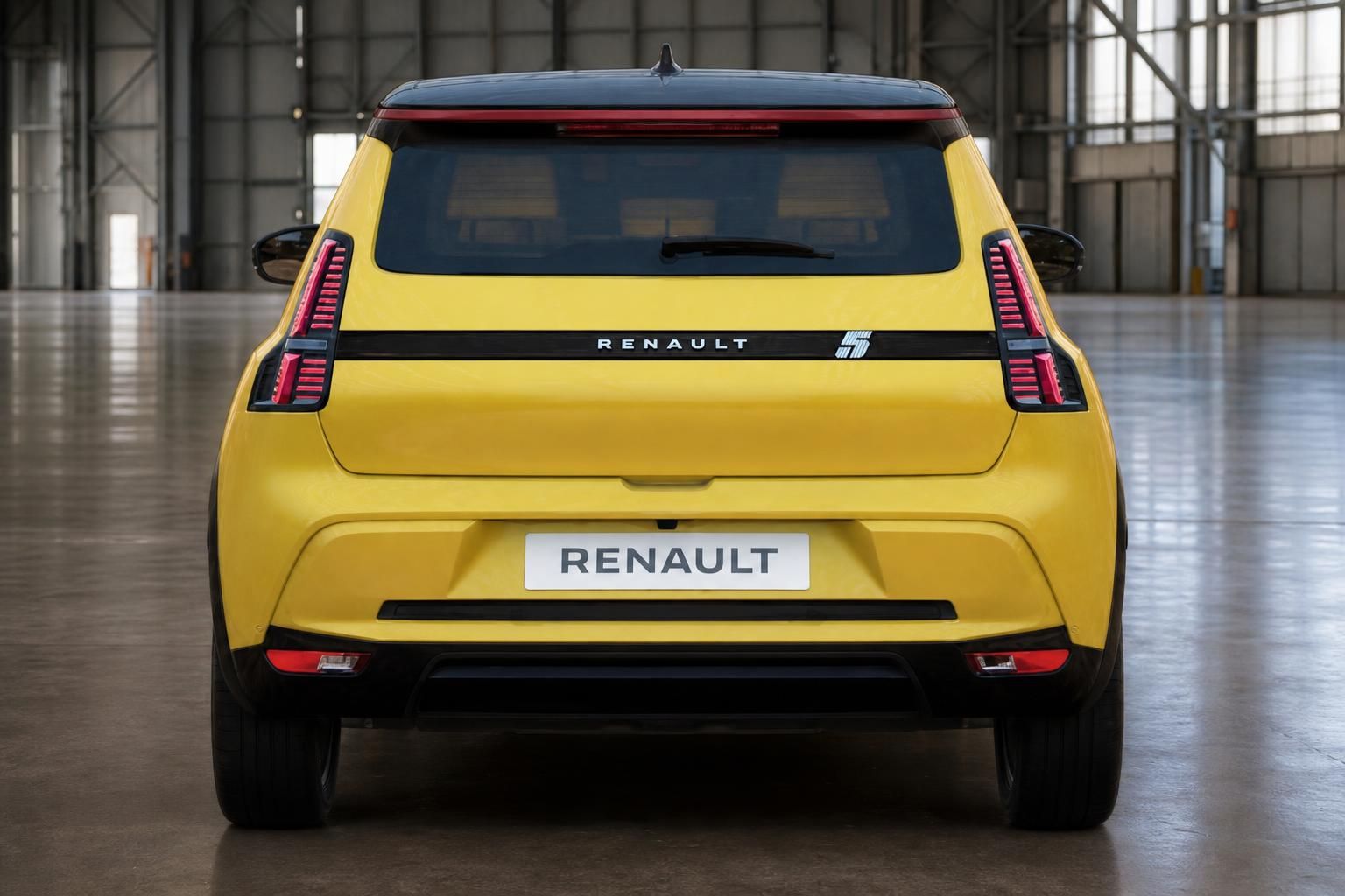 Renault 5 gelb Heckansicht mit LED-Rücklichtern in Industriehalle